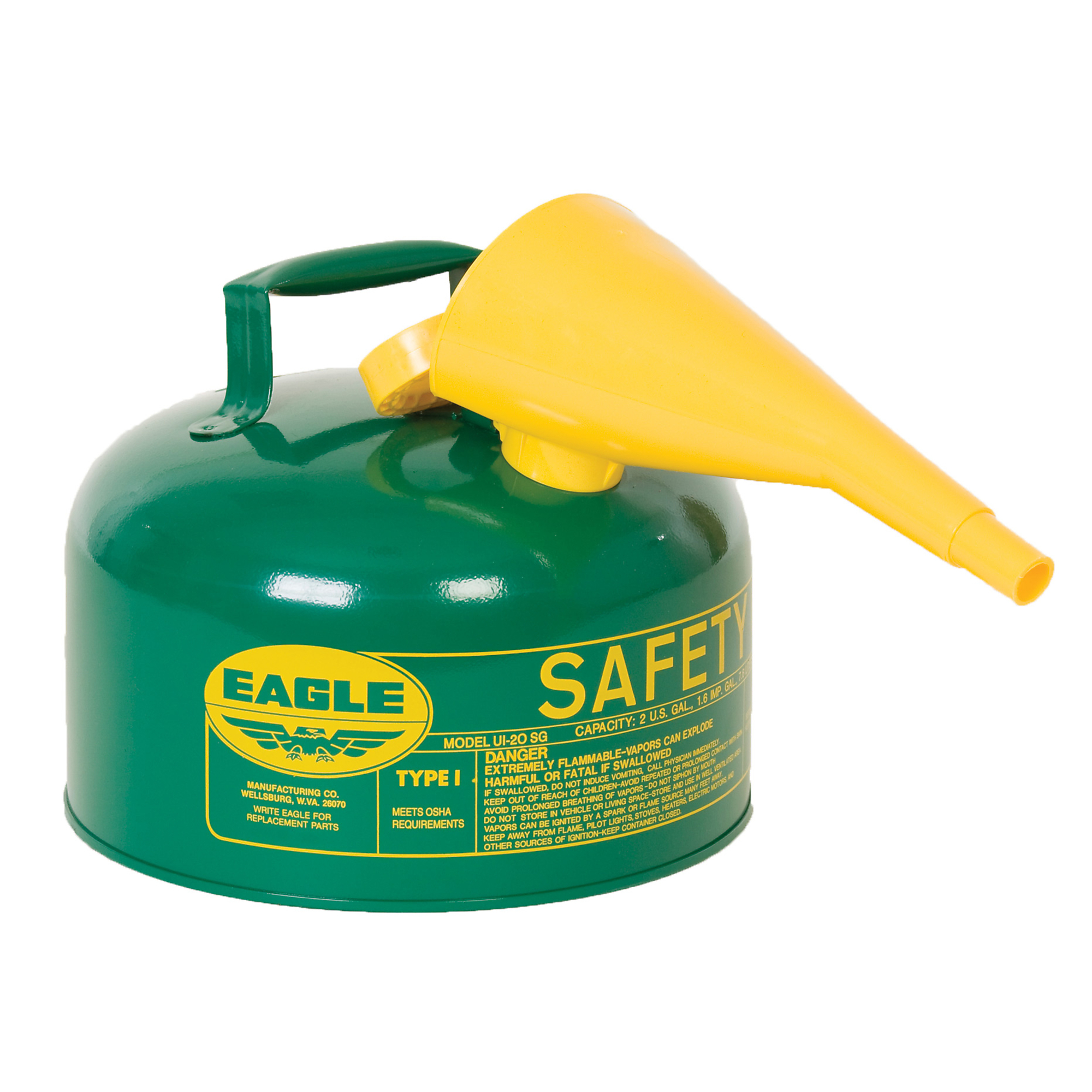 Eagle Type I Safety Can for Combustibles — 2.5 Gallon, Flame Arrester, Funnel, Green, Model# UI25FSG